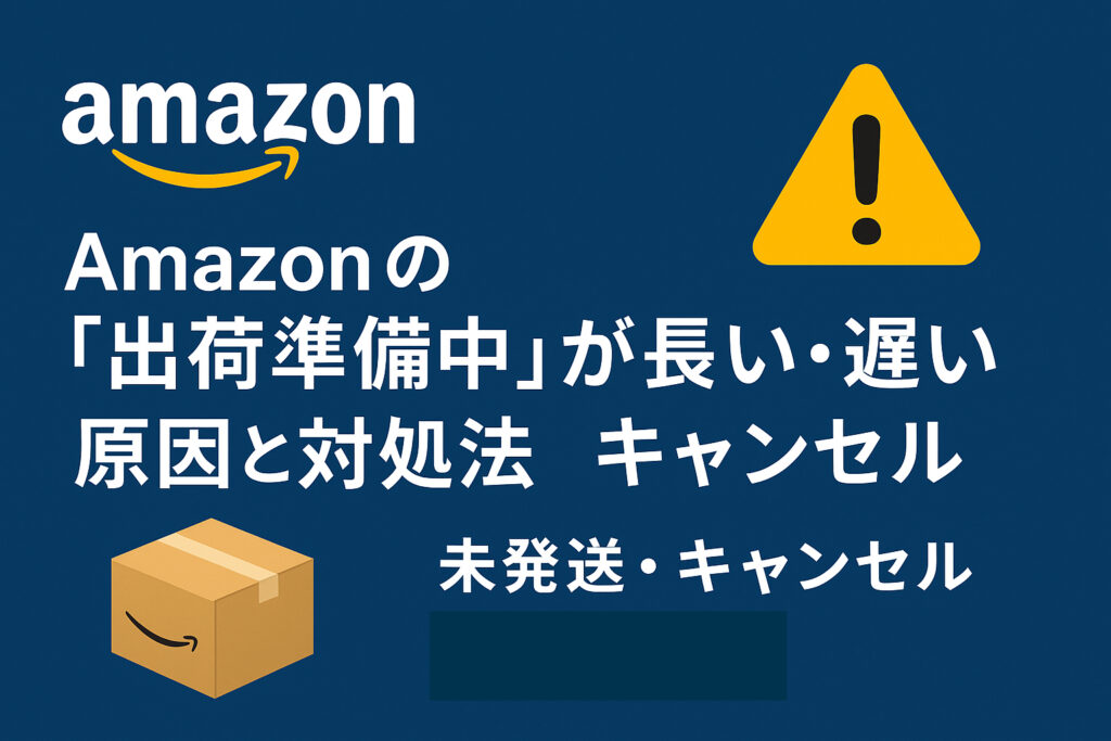 Amazonの荷物が「出荷準備中」のまま動かない状況を解説する記事のアイキャッチ画像。黄色のAmazonボックスと配送遅延を示すデザインが特徴。