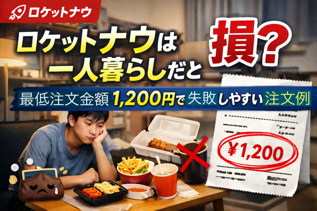 ロケットナウは一人暮らしだと損になるのか、最低注文金額1,200円で失敗しやすい注文例を解説する記事のアイキャッチ画像