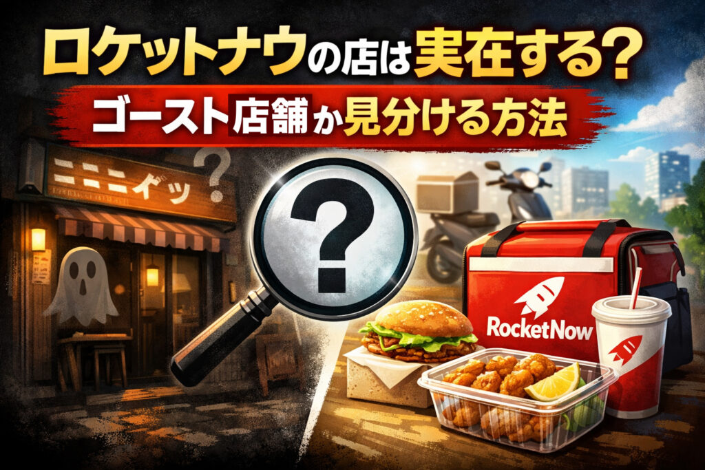 ロケットナウの配達サービスとゴースト店舗のイメージ。左に薄暗い怪しい店とゴーストのイラスト、中央に虫眼鏡で疑問符、右にロケットナウの配達バッグ、ハンバーガー、チキン、ドリンクが並ぶ。タイトル「ロケットナウの店は実在する？ゴースト店舗か見分ける方法」が目立つ。