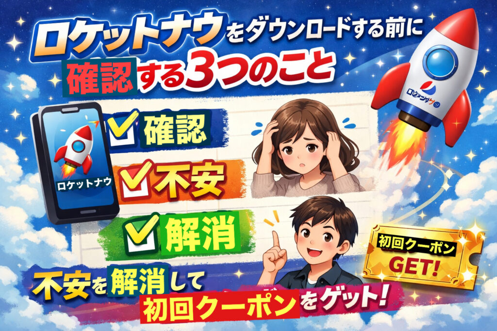 ロケットナウのアプリを初めてダウンロードする前に確認すべき3つのポイントを示すアイキャッチ画像。スマホ画面に表示されたアプリ、チェックリスト、男女のキャラクターが「確認」「不安」「解消」を表現し、初回クーポン取得も案内。