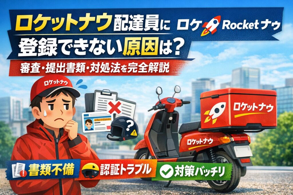 ロケットナウ配達員に登録できない原因と対処法を解説するアイキャッチ画像。Rocket Nowの配達バッグとバイク、書類不備や審査トラブルを表すイラスト