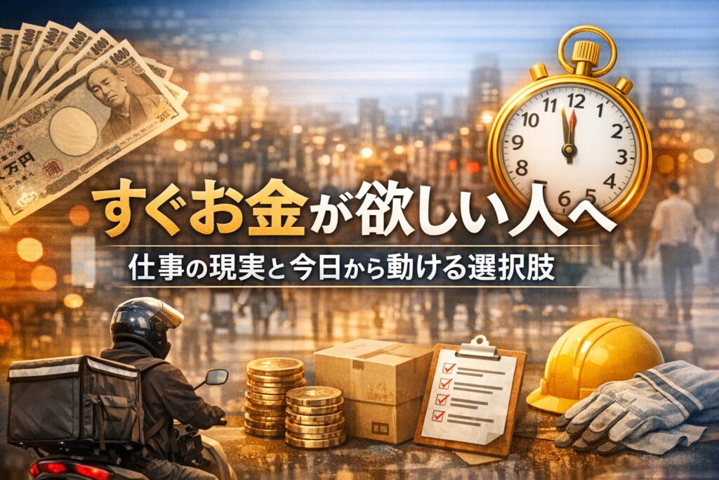 「すぐお金が欲しい人へ|仕事の現実と今日から動ける選択肢」のタイトル入りアイキャッチ。都市背景に、時計、現金、配達員バイク、段ボール、作業用ヘルメットと手袋、チェックリストが配置され、即日収入や配達仕事のイメージを表現。