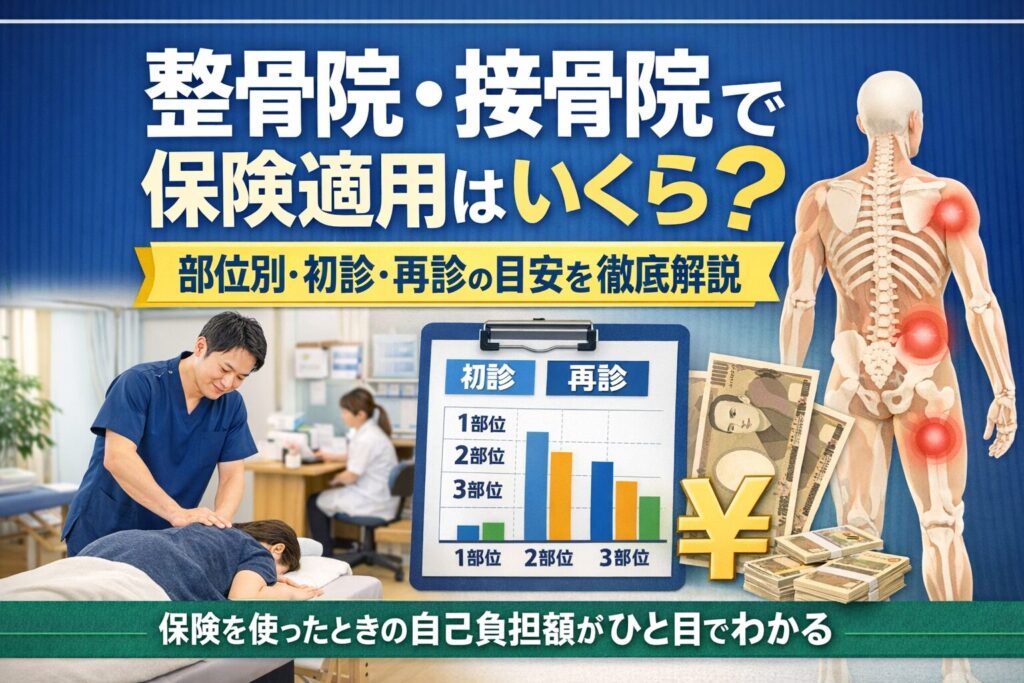 整骨院・接骨院で保険適用した場合の自己負担額を、部位別・初診・再診ごとに解説する記事のアイキャッチ画像