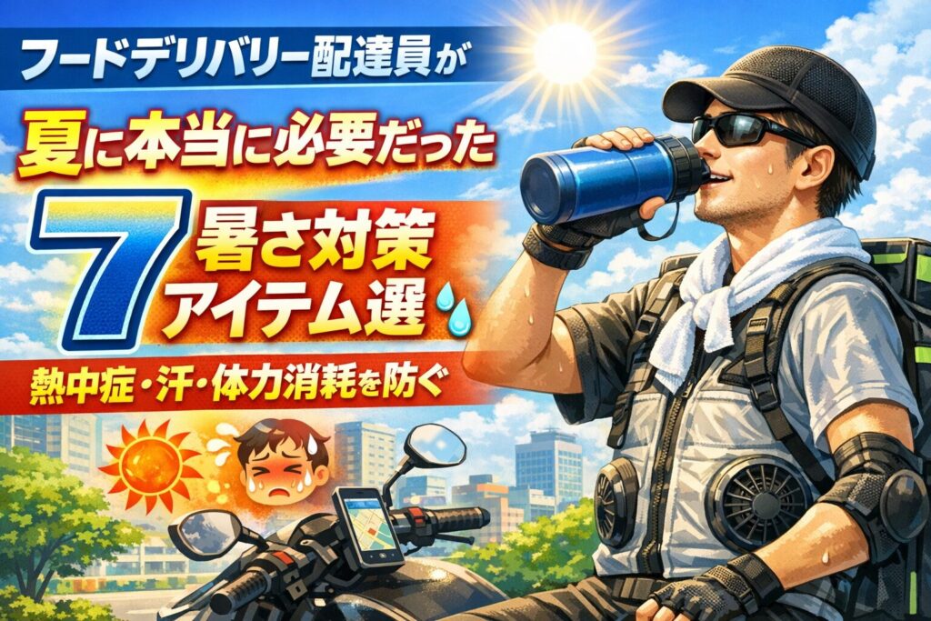 夏の炎天下で水分補給をするフードデリバリー配達員と暑さ対策アイテム7選を紹介したアイキャッチ画像
