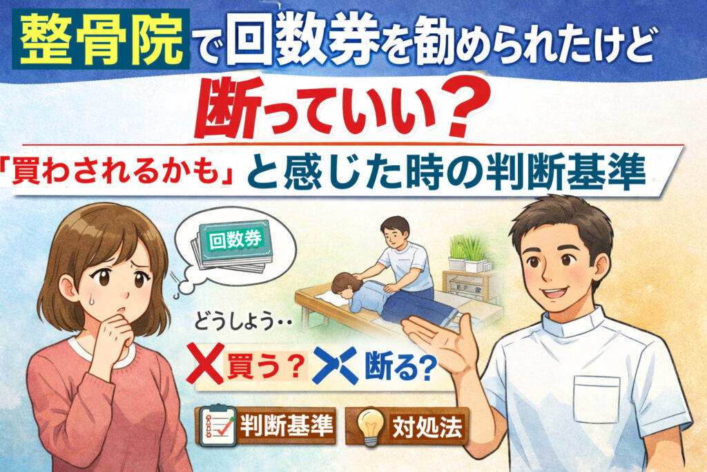 整骨院で回数券を勧められ、断っていいのか迷っている人の判断基準を解説するイメージ