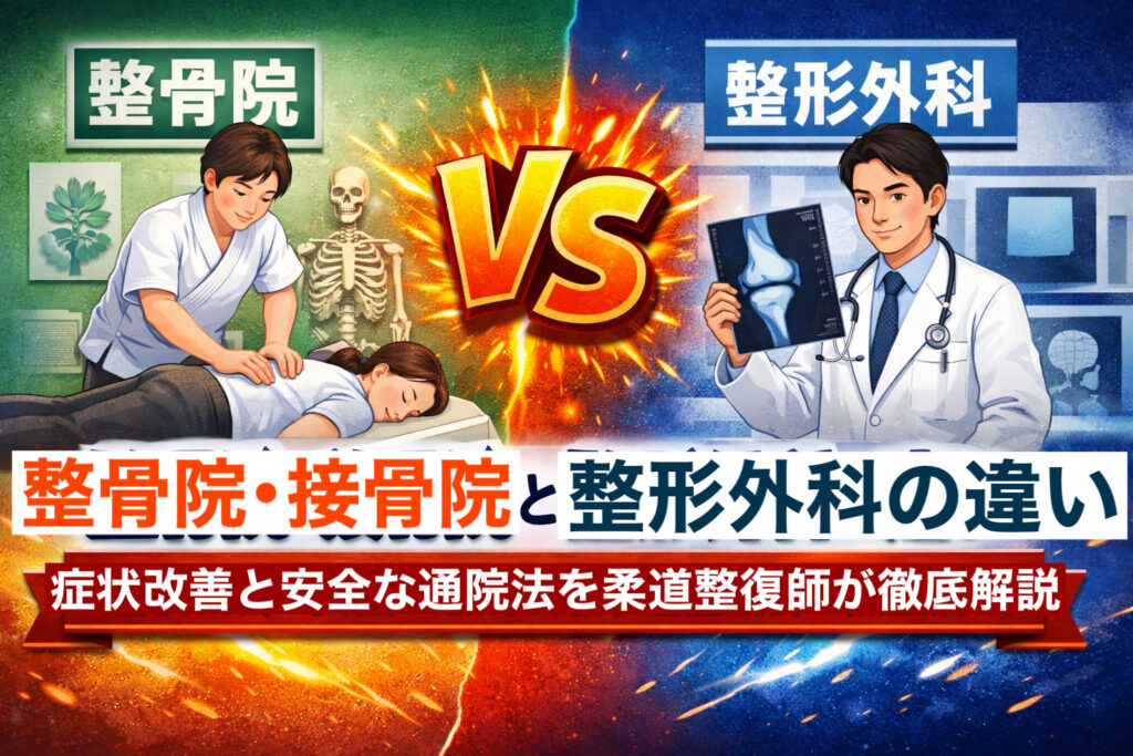 整骨院・接骨院で施術する柔道整復師と整形外科医が並び、中央に「VS」と表示された比較イラスト。背景は整骨院と整形外科の診察室を象徴するデザインで、タイトル『整骨院・接骨院と整形外科の違い|症状改善と安全な通院法を柔道整復師が徹底解説』が入っている。