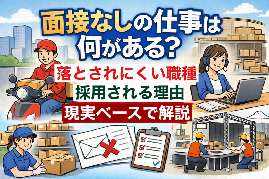 面接なしの仕事をテーマにしたイラスト。配達員がバイクで荷物を運ぶ様子、倉庫で作業するスタッフ、在宅でPC作業する人物が描かれ、タイトル「面接なしの仕事は何がある?落とされにくい職種と採用される理由を現実ベースで解説」が画面上部に表示されている。