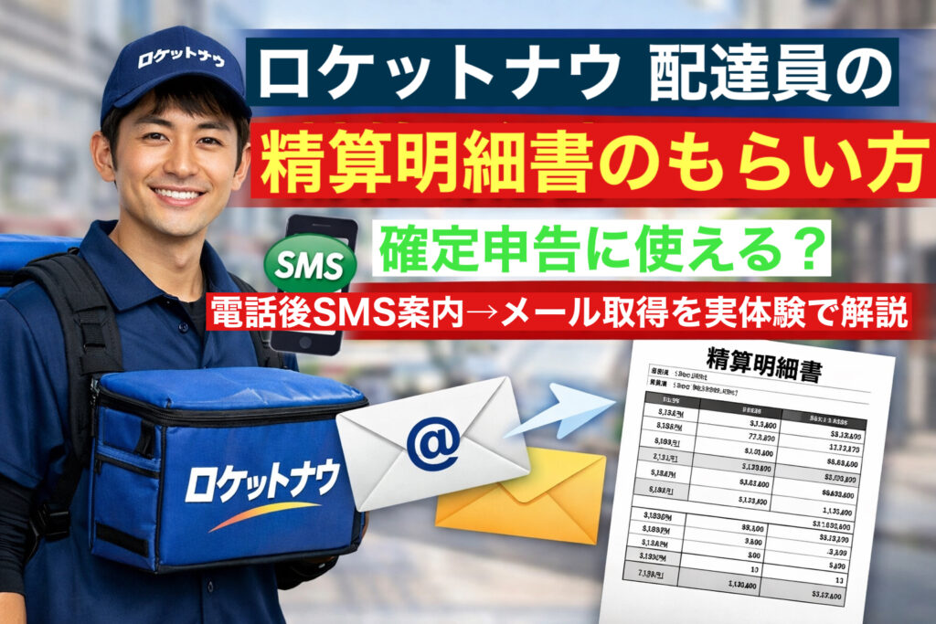 ロケットナウ配達員が精算明細書を取得する方法を解説するアイキャッチ画像。SMS案内とメール送付で確定申告用の精算明細書を受け取る流れを示している。
