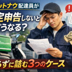 ロケットナウの配達員が税金書類と電卓を前に困っている様子。背景にバイクと配達用バッグ、街並みが見え、「確定申告しないとどうなる？」の日本語タイトルが入ったアイキャッチ画像。