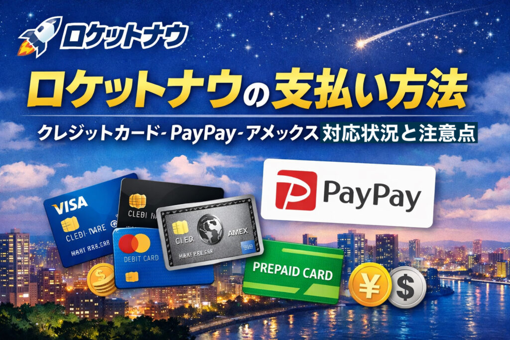ロケットナウの支払い方法を解説したアイキャッチ画像｜クレジットカード・PayPay・アメックス対応