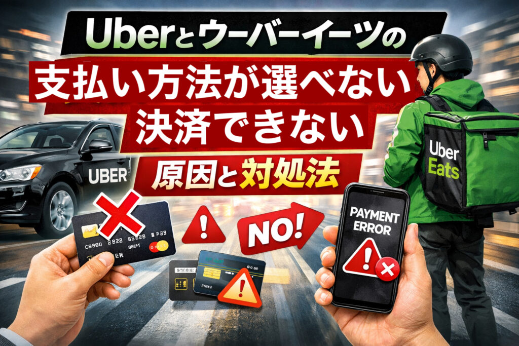 Uberとウーバーイーツで支払い方法が選べない・決済できない原因と対処法を解説したアイキャッチ画像