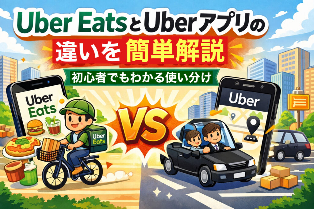 Uber EatsとUberアプリの違いをわかりやすく比較したイラスト。食事配達と移動サービスの使い分けを初心者向けに解説