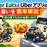 Uber EatsとUberアプリの違いをわかりやすく比較したイラスト。食事配達と移動サービスの使い分けを初心者向けに解説