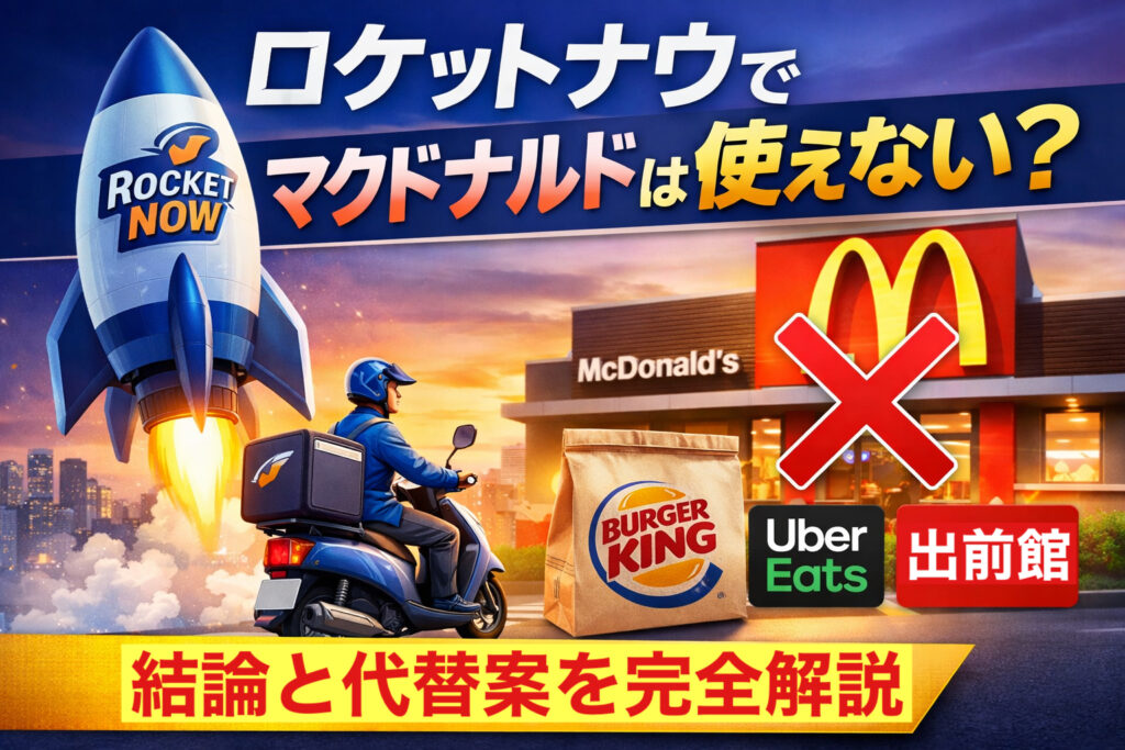 ロケットナウでマクドナルドは使えない理由と、バーガーキングや出前館・Uber Eatsなどの代替案を解説したアイキャッチ画像