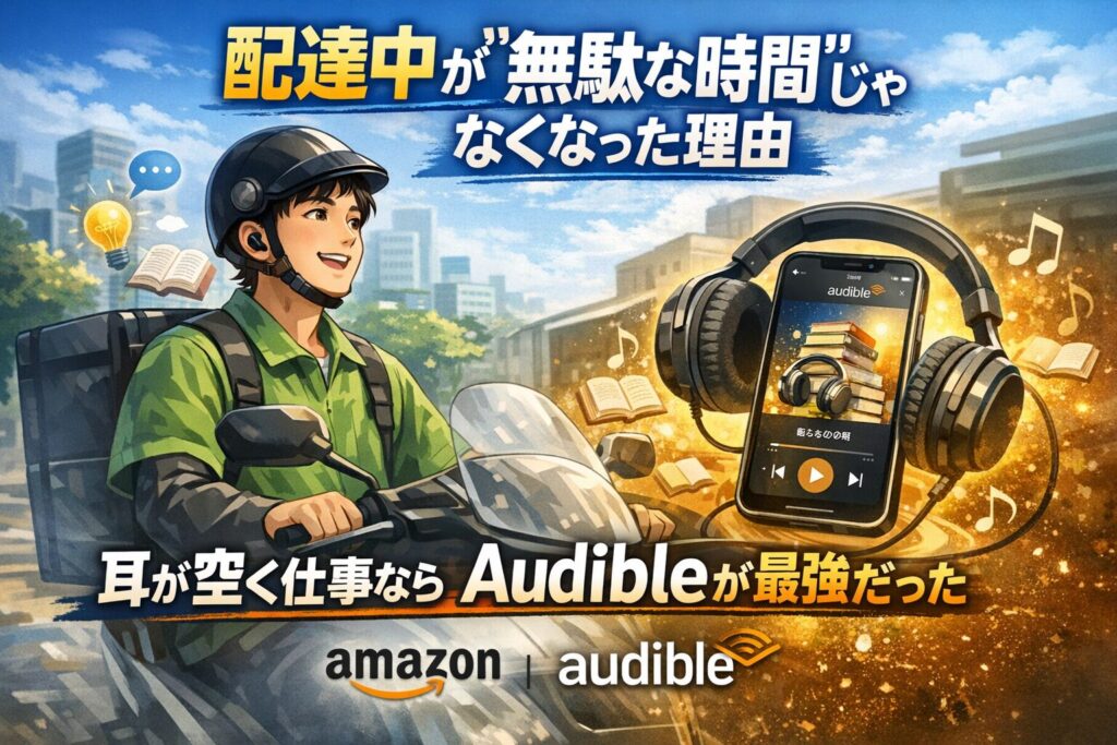 配達中にAudibleを使って無駄な時間を有効活用する配達員のイメージ｜Amazon Audible