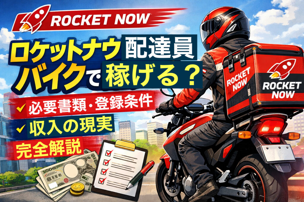 ロケットナウ配達員はバイクで稼げる？必要書類・登録条件・収入の現実を解説するアイキャッチ画像