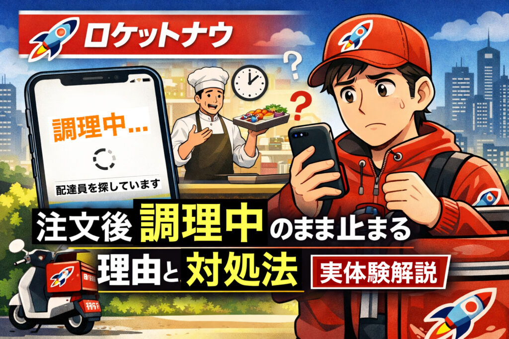 ロケットナウ（ロケナウ・Rocket Now）で注文後「調理中」のまま止まる状況を示すイラスト。配達員がスマホでステータスを確認し、シェフが料理を持ちながら困惑している様子。背景に都市の景色と配達バイク。タイトル入り：「注文後『調理中』のまま止まる理由と即対処法【実体験解説】」。
