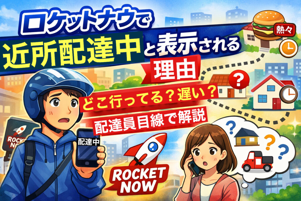 ロケットナウで注文後に「近所配達中」と表示され、配達員がどこに行っているのか不安になる様子を表したイラスト