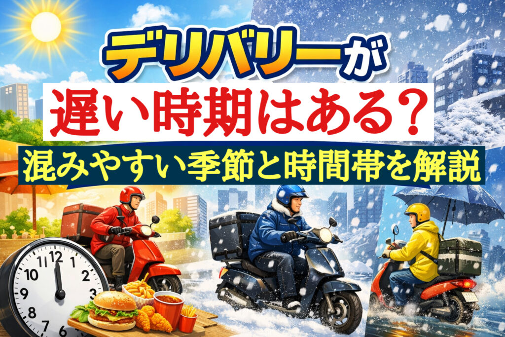 デリバリーが遅い時期を表すアイキャッチ画像。夏・冬・雨の日の配達員が都市背景で配達している様子。タイトル「デリバリーが遅い時期はある?混みやすい季節と時間帯を徹底解説」が入っている。