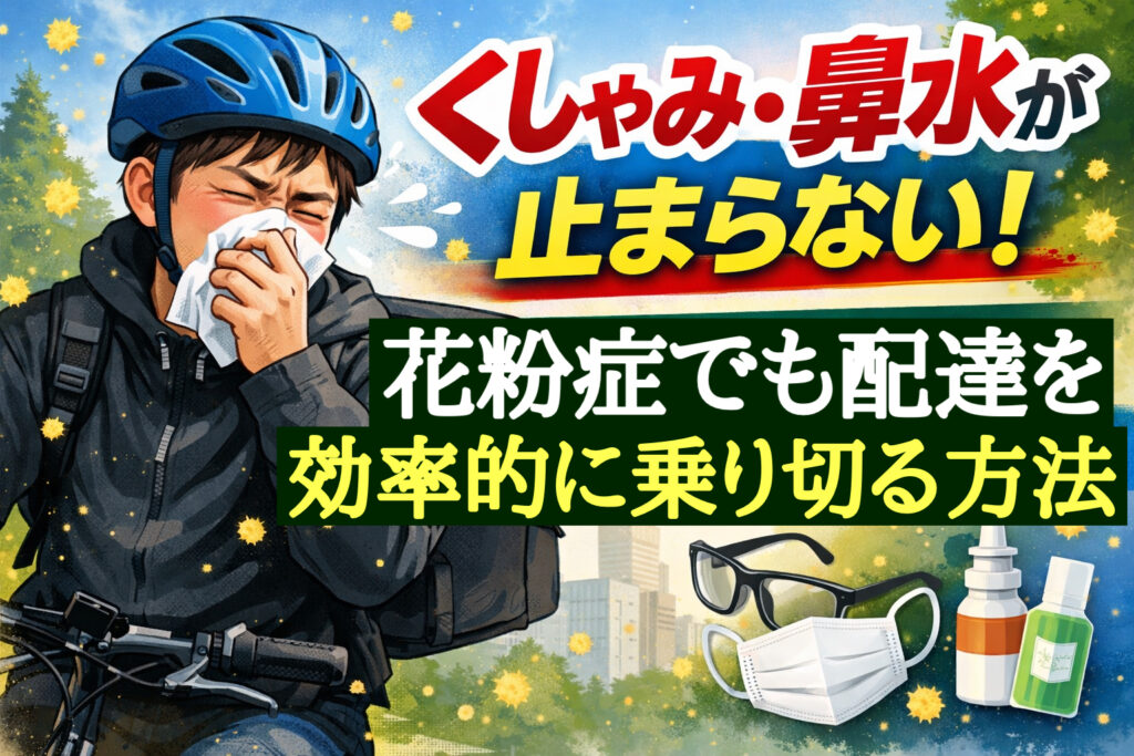 花粉症でくしゃみ・鼻水が止まらず、自転車で配達するロケットナウ配達員。背景に飛散する花粉と花粉対策グッズ(マスク、ゴーグル、点鼻薬など)が描かれたイラスト。