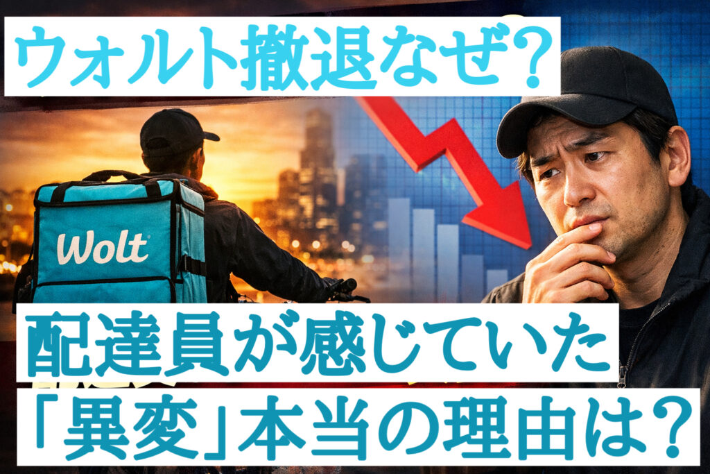 ウォルト撤退の理由を解説する記事アイキャッチ画像。配達員と下落グラフ、不安な表情の男性が描かれている。