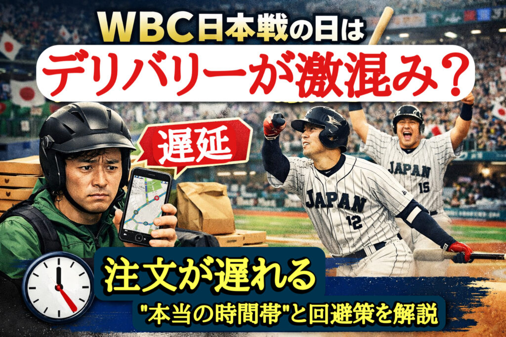 WBC日本戦でデリバリーが激混みになる様子。配達員が遅延表示を見て困っている一方で、野球観戦で盛り上がる日本代表選手が描かれたアイキャッチ画像。