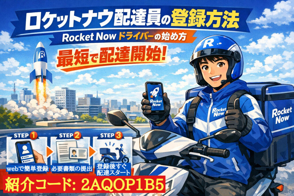 ロケットナウ配達員の登録方法｜Rocket Nowドライバーの始め方を解説したアイキャッチ画像