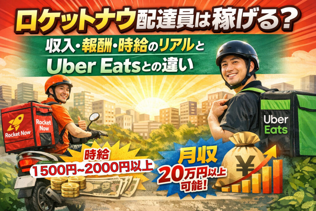 ロケットナウ配達員は稼げる？収入・報酬・時給のリアルとUber Eatsとの違いを解説するアイキャッチ画像