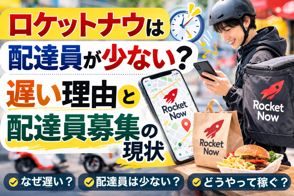 ロケットナウ配達員が少なく配達が遅い理由と募集の現状を示すアイキャッチ。配達員がスマホで注文を確認する様子、バッグ・紙袋・フードのイメージ付き。