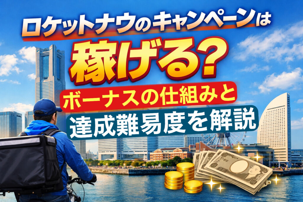 ロケットナウ配達員キャンペーンは稼げるのかを解説するアイキャッチ画像(横浜・ボーナス・配達)