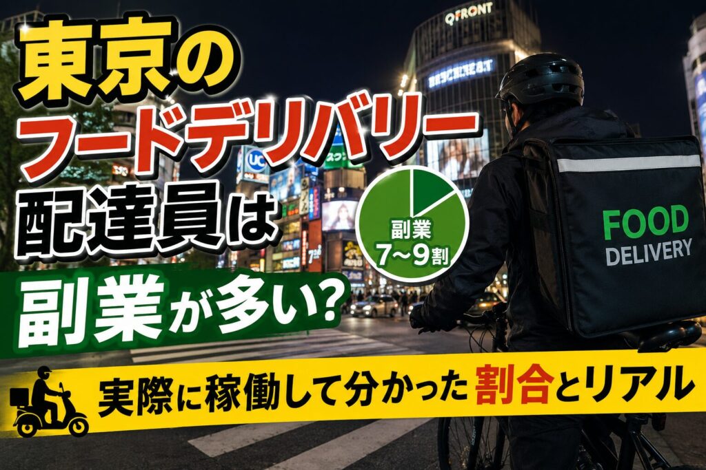 東京の夜の街でフードデリバリー配達員が稼働している様子と「副業が多い？」というタイトル入りアイキャッチ画像