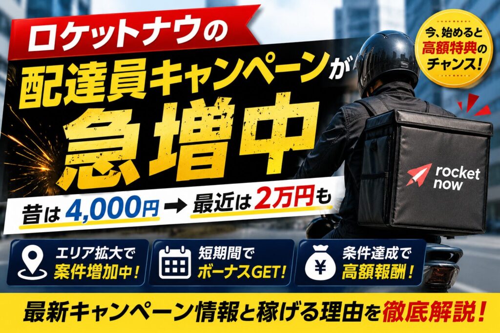 ロケットナウの配達員キャンペーン急増を解説するアイキャッチ画像。昔は4,000円、最近は2万円の高額特典もあることを紹介。