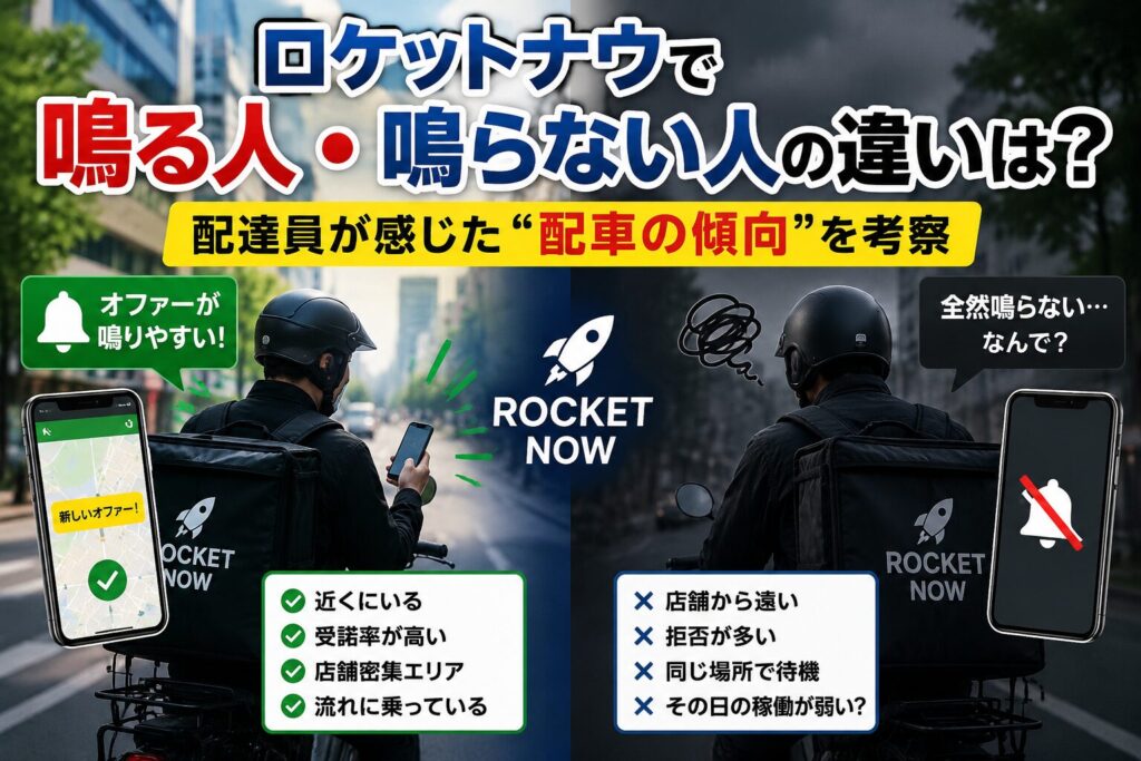 ロケットナウで鳴る人と鳴らない人の違いを比較したアイキャッチ画像。配達員2人を左右で対比し、店舗距離・受諾率・待機場所など配車傾向を表現。