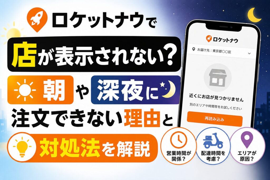 ロケットナウで店舗が表示されず困っている様子を表現したアイキャッチ画像。スマートフォン画面に「近くにお店が見つかりません」と表示され、朝と深夜のアイコンとともに注文できない理由や対処法を解説する内容になっている。